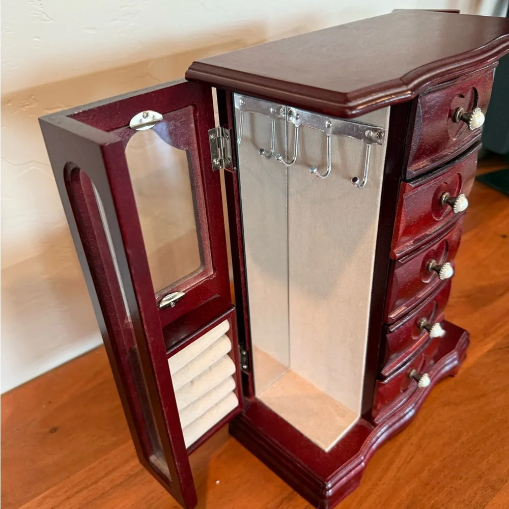 Vintage Cherry Wooden Jewelry Armoire Organizer with Heart Accents‎ cubby hooks